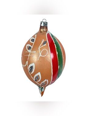 Vtg 4" Peach Teardrop Mercury Glass Christmas Ornament Poland Mica Floral Stripe
